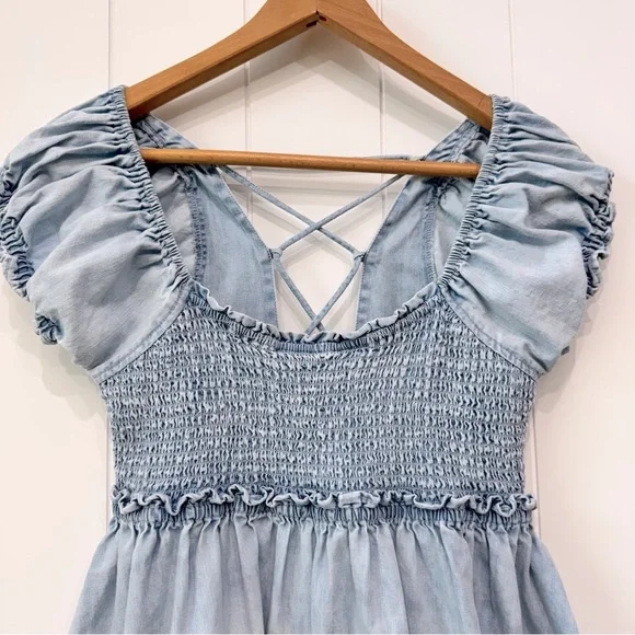 Free People Daphne Denim Babydoll Mini Dress Lace Up Back Size XS - Picture 2 of 13
